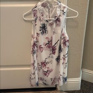 Pink and White Ruffled Sleeveless Blouse with Mandarin Collar